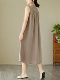 Momentlover Solid Color Pleated Buttoned Sleeveless A-Line Round-Neck Midi Dresses