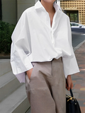 momentlover Long Sleeves Loose Solid Color Lapel Collar Blouses&Shirts Tops
