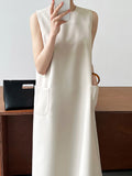 Momentlover Zipper Split-Back Solid Color Pockets Sleeveless Loose Round-Neck Midi Dresses