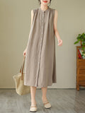 Momentlover Solid Color Pleated Buttoned Sleeveless A-Line Round-Neck Midi Dresses
