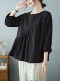Momentlover Casual Loose Long Sleeves Solid Color Round-Neck T-Shirts Tops