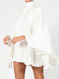 Momentlover Solid Color High-Neck Backless Flared Sleeves Mini Dress