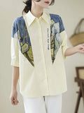 Momentlover Printed Loose Half Sleeves Lapel Blouses&shirts Tops