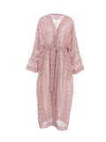 Momentlover Tied Waist Split-Side Solid Color See-Through Mesh Jacquard Loose Long Sleeves V-Neck Maxi Dresses
