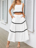 Sleeveless Striped Square-Neck Vest Top + A-Line High Waisted Drawstring Elasticity Pockets Skirts Bottom Two Pieces Set