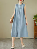 Momentlover Solid Color Pleated Buttoned Sleeveless A-Line Round-Neck Midi Dresses