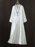 Momentlover Solid Color Jacquard Chinese Frog Buttons Loose Long Sleeves V-Neck Midi Dresses