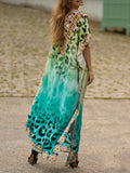 Momentlover Split-side Printed Leopard Short Sleeves Loose V-neck Maxi Dresses Beach Cover-Up