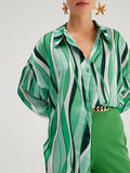 Momentlover Striped Contrast Color Loose Long Sleeves Lapel Blouses