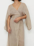 Momentlover Tied Waist Split-Side Solid Color See-Through Three-Quarter Sleeves Loose V-Neck Midi Dresses