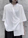 Momentlover Tied Solid Color Buttoned Asymmetric Short Sleeves Raglan Sleeve Stand Collar Blouses&Shirts Tops