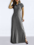 Momentlover Split-side Pockets Buttoned Short Sleeves Plus Size Lapel Maxi Dresses