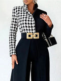 Momentlover Long Sleeves Loose Houndstooth Split-Joint Lapel Blouses Blouses&shirts Tops