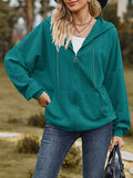 Long Sleeves Loose Drawstring Hooded Pockets Solid Color Zipper V-Neck Outerwear