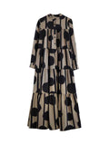 Momentlover Split-Joint Polka-Dot Pleated Buttoned Loose Long Sleeves Stand Collar Shirt Dress Maxi Dresses