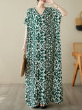 Momentlover Floral Printed Short Sleeves Loose V-Neck Maxi Dresses