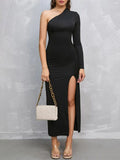 Momentlover Split-Side Solid Color Asymmetric Long Sleeves High Waisted One-Shoulder Maxi Dresses