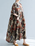 Momentlover Floral Printed Short Sleeves Puff Sleeves Round-Neck Midi Dresses