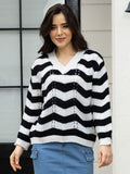 Momentlover Openwork Striped V-Neck Sweater