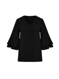 Momentlover Solid Color Ruffle Sleeves Loose V-Neck T-Shirts Tops
