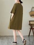 Momentlover Split-Joint Short Sleeves Loose Round-Neck Mini Dresses