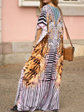 Momentlover Tiger Skin Pattern Split-side Printed Short Sleeves Loose V-neck Maxi Dresses Beach Cover-Up