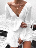 Momentlover Split-Joint Solid Color Pleated Elasticity Backless Puff Sleeves Loose Deep V-Neck Mini Dresses