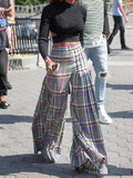 momentlover Stylish Selection Wide Leg Loose Pleated Checkered Casual Pants Bottoms