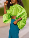 Momentlover Solid Color Puff Sleeves Loose Mock Neck Blouses&Shirts Tops