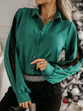 Momentlover Split-Joint Mesh Buttoned Loose Long Sleeves Lapel Blouses&Shirts Tops