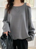 Momentlover Solid Color Hollow Loose Long Sleeves Round-Neck T-Shirts Tops