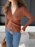 Momentlover Solid Color Knot Loose Long Sleeves V-Neck Sweater Tops Pullovers