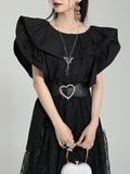 Momentlover Split-Joint Solid Color Pleated Falbala Short Sleeves Loose Round-Neck Blouses