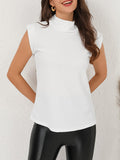 Momentlover Solid Color Hollow Loose Cap Sleeve Mock Neck T-Shirts Tops