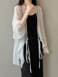 Momentlover Bishop Sleeve Long Sleeves See-Through Split-Joint Tied Collarless Blouses&Shirts Tops