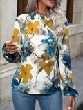 Momentlover Pleated Flower Print Elasticity Puff Sleeves Loose Mock Neck Blouses&Shirts Tops