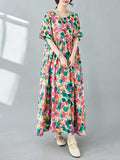 Momentlover Split-Joint Printed Polka-Dot Pleated Loose Half Sleeves Round-Neck Midi Dresses