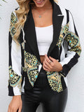 Momentlover Printed Pockets Buttoned Loose Long Sleeves Notched Collar Outerwear Blazer