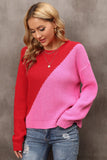Momentlover Two-Tone Round Neck Dropped Shoulder Sweater