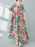 Momentlover Split-Joint Printed Polka-Dot Pleated Loose Half Sleeves Round-Neck Midi Dresses