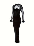 Vzyzv Faux Feather Corset Mesh Splicing Dress, Elegant Long Sleeve Slim Dress For Party & Banquet, Women's Clothing