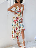 Momentlover Flower Print Elasticity Sleeveless High Waisted V-Neck Midi Dresses