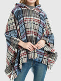Momentlover Plaid Keep Warm Hooded Fringed Shawl&Cloak Cape