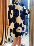 Momentlover Pleated Flower Print Plus Size Loose Mock Neck Mini Dresses