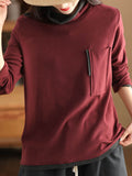 Momentlover Pockets Contrast Color Loose Long Sleeves High Neck T-Shirts Tops