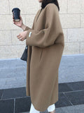 Momentlover Solid Color Loose Long Sleeves Collarless Woolen Coat