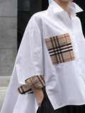 Momentlover High-Low Long Sleeves Buttoned Plaid Pockets Split-Joint Split-Side Lapel Blouses&Shirts Tops