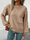 Momentlover Split-Joint Solid Color Pockets Loose Long Sleeves Round-Neck Sweater Tops Pullovers