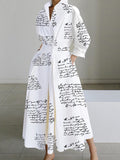 Momentlover Long Sleeves Loose Letter Print Lapel Midi Shirt Dresses