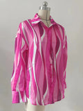 Momentlover Striped Contrast Color Loose Long Sleeves Lapel Blouses